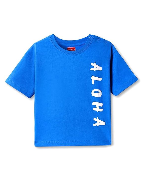 Babyhug Cotton Knit Half Sleeves Oversized Henley Neck T-Shirt with Beach & Aloha Text & Print - Blue