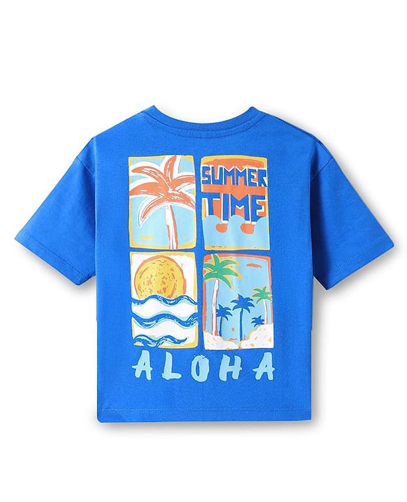 Babyhug Cotton Knit Half Sleeves Oversized Henley Neck T-Shirt with Beach & Aloha Text & Print - Blue