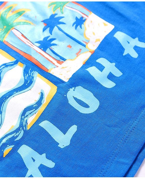 Babyhug Cotton Knit Half Sleeves Oversized Henley Neck T-Shirt with Beach & Aloha Text & Print - Blue