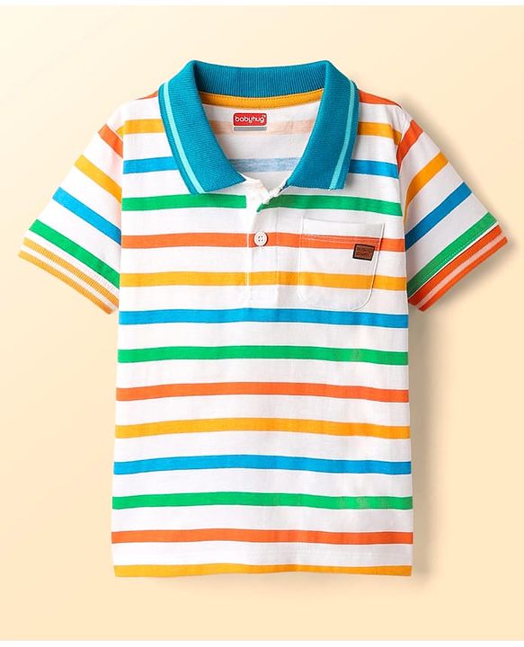 Babyhug Cotton Knit Half Sleeves Striped Polo T-Shirt - White & Blue