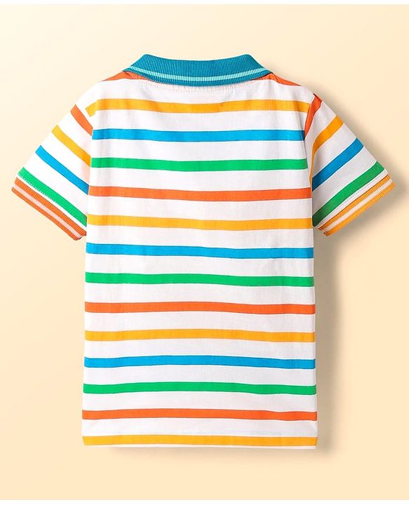 Babyhug Cotton Knit Half Sleeves Striped Polo T-Shirt - White & Blue