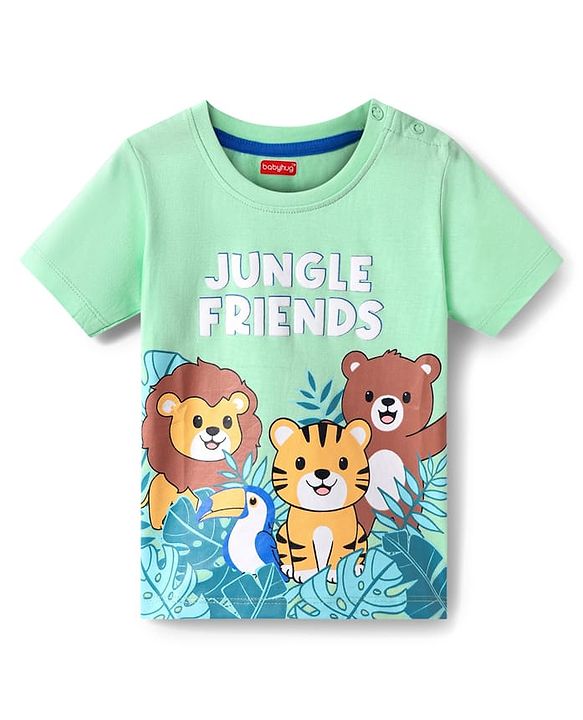 Babyhug Cotton Knit Half Sleeves T-Shirt with Animal Print - Light Green