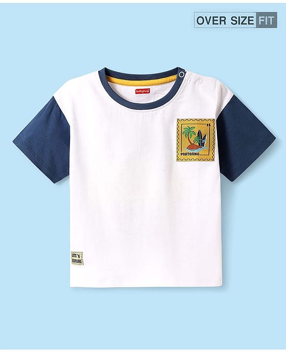 Babyhug Cotton Knit Half Sleeves Oversized T-Shirt With Beach Theme Badge - White & Navy Blue