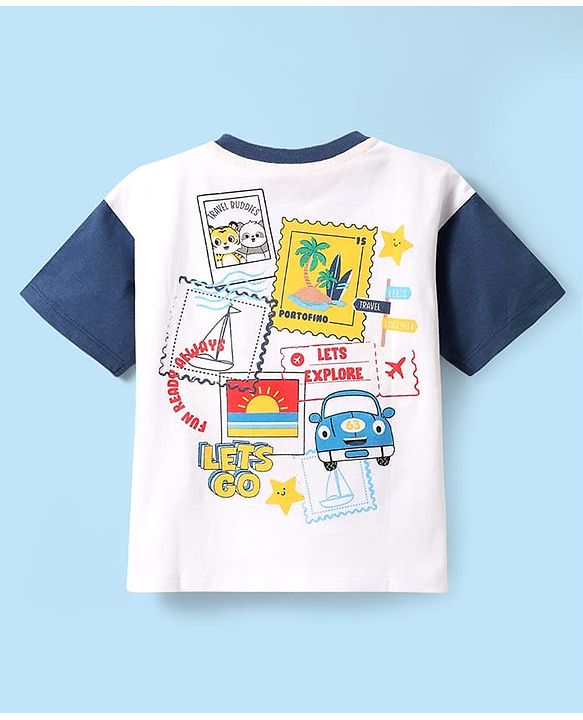Babyhug Cotton Knit Half Sleeves Oversized T-Shirt With Beach Theme Badge - White & Navy Blue