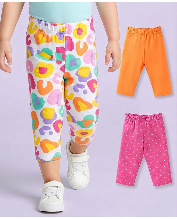 Babyhug Cotton Lycra Three Fourth Leggings With Polka Dot Pack Of 3 - Pink White & Orange