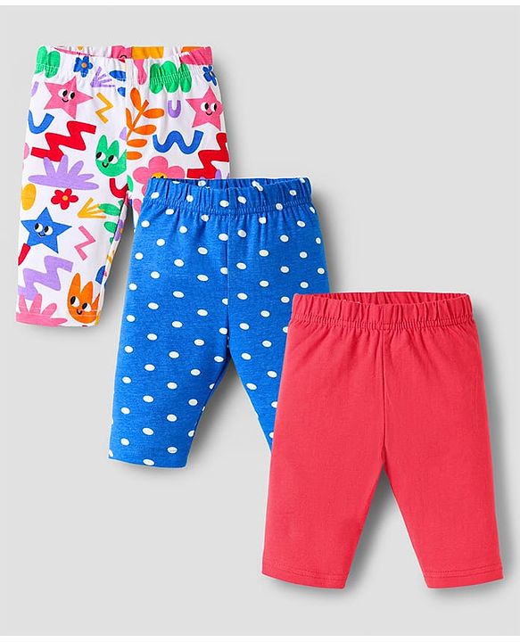 Babyhug Cotton Lycra Knit Three Fourth Leggings With Polka Dots & Floral Print Pack Of 3 - Red Blue & White