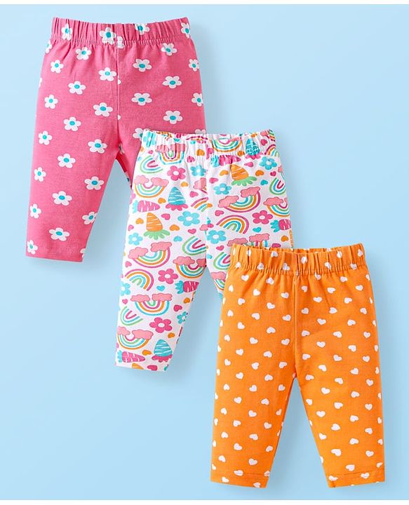 Babyhug Cotton Lycra Knit Three Fourth Length Leggings With Floral Heart & Rainbow Print Pack of 3 - Orange White & Pink