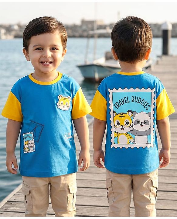 Babyhug Cotton Knit Half Sleeves Oversized Drop Shoulder T-Shirt With Front & Back Animal Print - Blue & Yellow