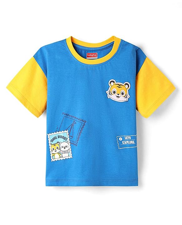 Babyhug Cotton Knit Half Sleeves Oversized Drop Shoulder T-Shirt With Front & Back Animal Print - Blue & Yellow