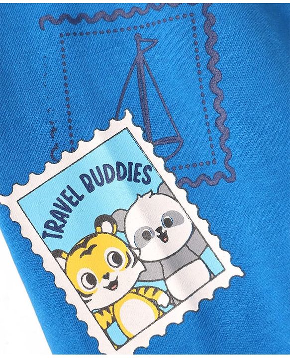 Babyhug Cotton Knit Half Sleeves Oversized Drop Shoulder T-Shirt With Front & Back Animal Print - Blue & Yellow