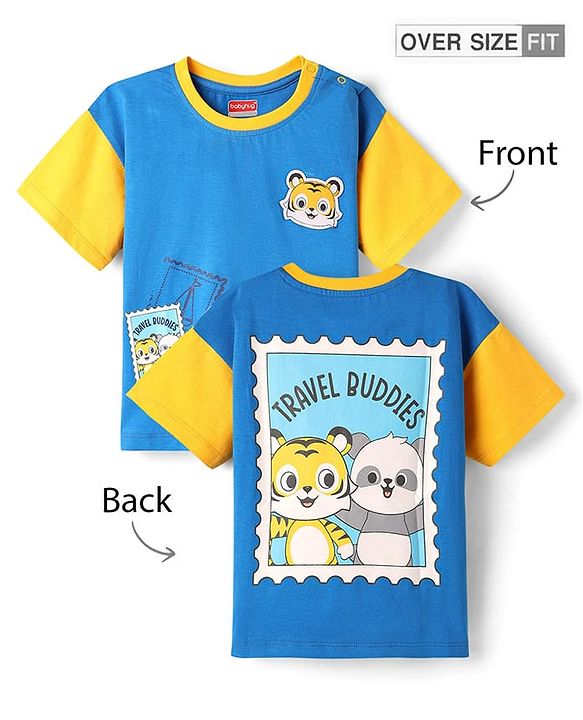 Babyhug Cotton Knit Half Sleeves Oversized Drop Shoulder T-Shirt With Front & Back Animal Print - Blue & Yellow