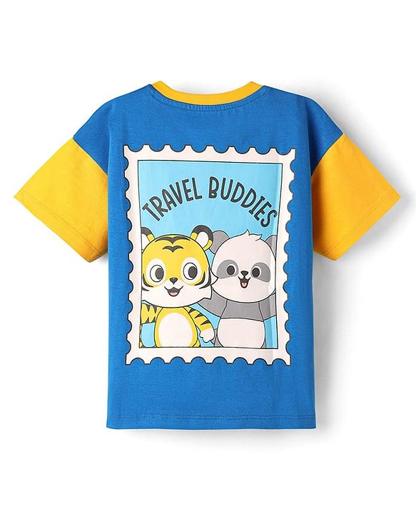 Babyhug Cotton Knit Half Sleeves Oversized Drop Shoulder T-Shirt With Front & Back Animal Print - Blue & Yellow