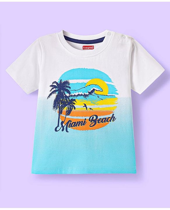 Babyhug Cotton Knit Half Sleeves T-Shirt With Ombre Effect & Beach Graphics - White & Light Blue