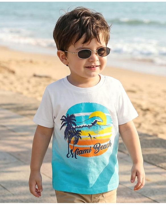 Babyhug Cotton Knit Half Sleeves T-Shirt With Ombre Effect & Beach Graphics - White & Light Blue