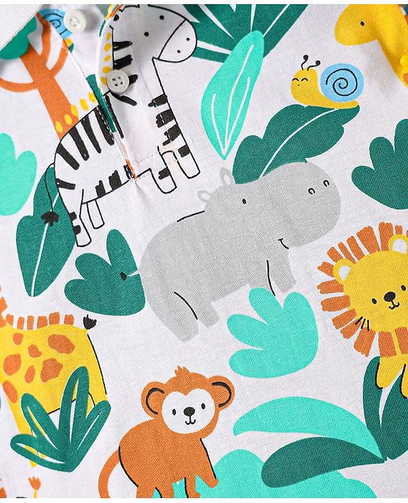 Babyhug Cotton Knit Half Sleeves Polo T-Shirt with Jungle Theme Print - White