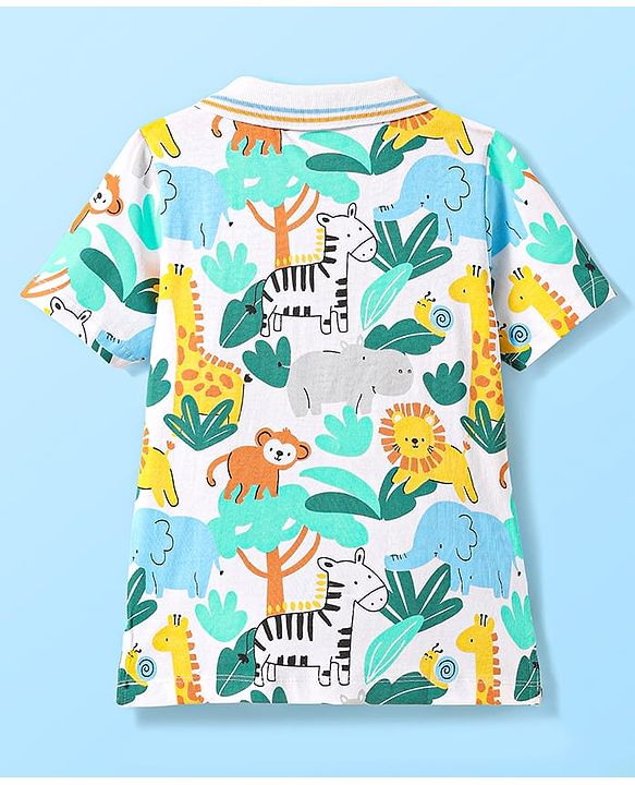 Babyhug Cotton Knit Half Sleeves Polo T-Shirt with Jungle Theme Print - White