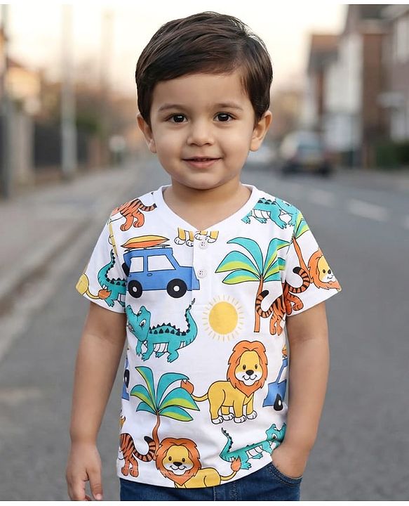 Babyhug Cotton Knit Half Sleeves Henley Neck T-Shirt with Animal Print - White