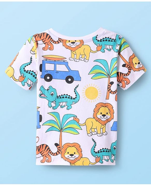 Babyhug Cotton Knit Half Sleeves Henley Neck T-Shirt with Animal Print - White