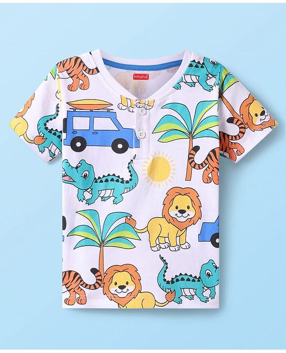 Babyhug Cotton Knit Half Sleeves Henley Neck T-Shirt with Animal Print - White