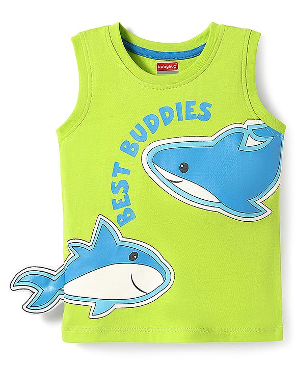 Babyhug Cotton Knit Sleeveless Tank T-Shirt With Sea Life Print -Limegreen