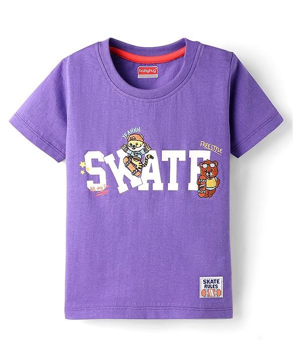 Babyhug Cotton Knit Half Sleeves T-Shirt With Skate & Animal Text Print - Purple
