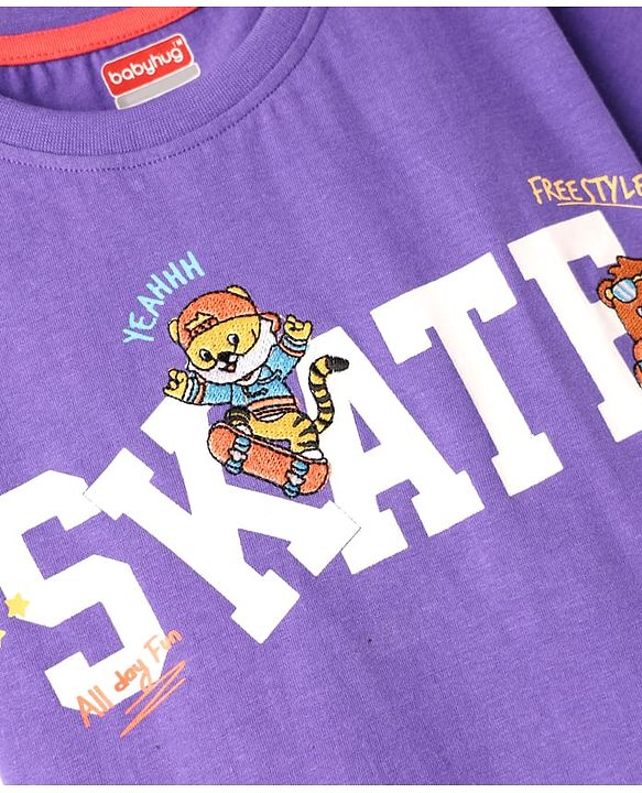 Babyhug Cotton Knit Half Sleeves T-Shirt With Skate & Animal Text Print - Purple