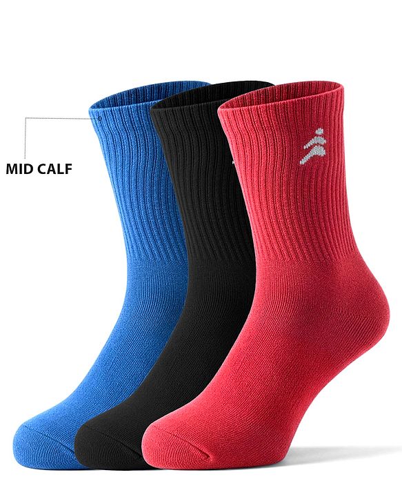 Pine Active Cotton Lycra Knit Breathable Athletic Logo Designed Socks Pack Of 3 - Black Red & Blue