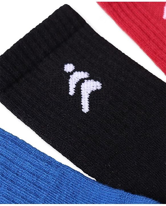 Pine Active Cotton Lycra Knit Breathable Athletic Logo Designed Socks Pack Of 3 - Black Red & Blue