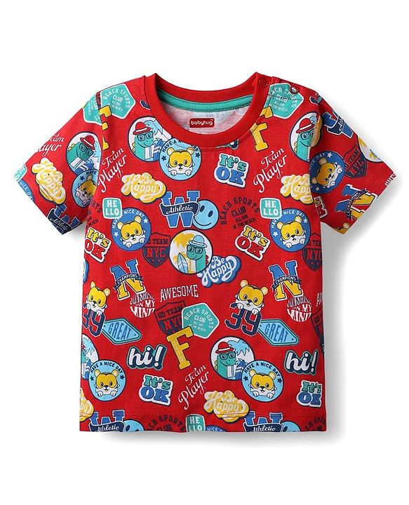 Babyhug Cotton Knit Half Sleeves T-Shirts with Animal Print & Stripes Pack of 3 - Blue Red & White
