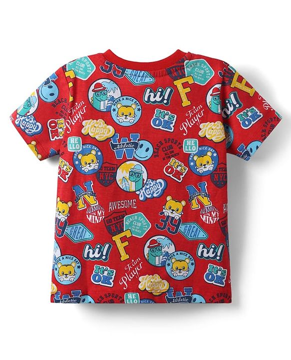 Babyhug Cotton Knit Half Sleeves T-Shirts with Animal Print & Stripes Pack of 3 - Blue Red & White