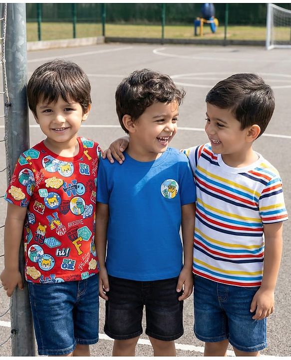 Babyhug Cotton Knit Half Sleeves T-Shirts with Animal Print & Stripes Pack of 3 - Blue Red & White