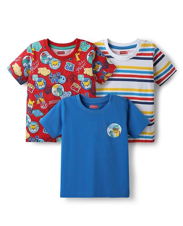 Babyhug Cotton Knit Half Sleeves T-Shirts with Animal Print & Stripes Pack of 3 - Blue Red & White