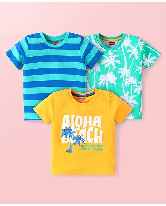 Babyhug Cotton Knit Half Sleeves T-Shirts with Beach Theme Print & Stripes Pack of 3 - Yellow & Blue
