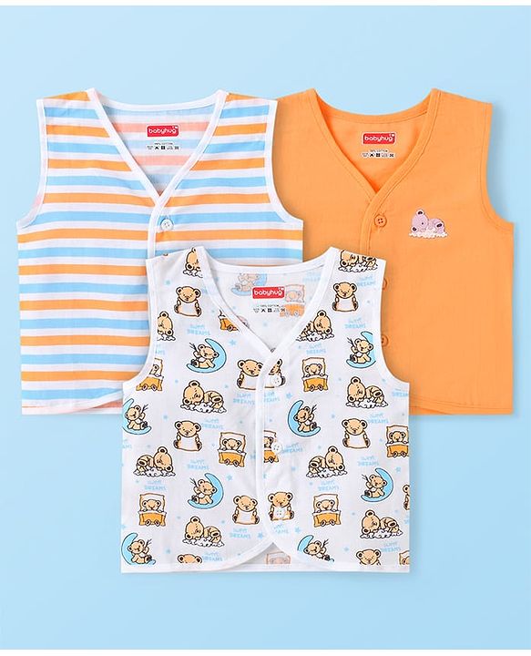 Babyhug 100% Cotton Woven Sleeveless Jhablas with Stripes & Teddy Bear Print Pack of 3 - White Orange & Sky Blue