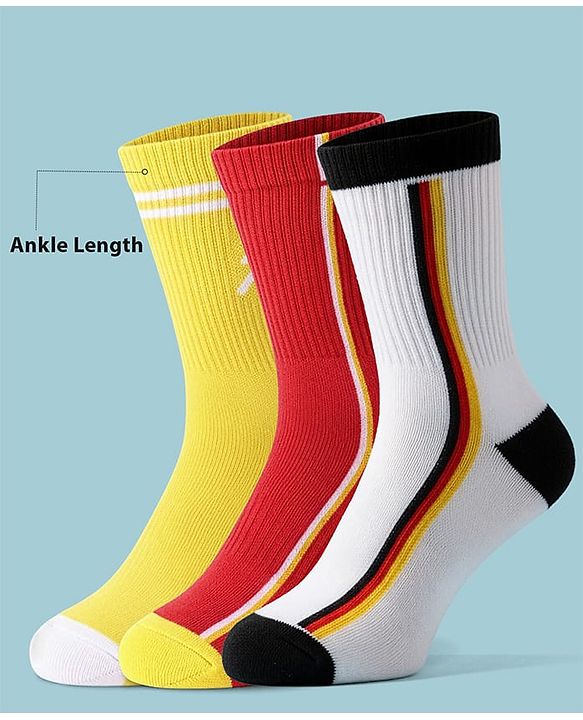 Pine Active Cotton Lycra Knit Breathable Athletic Calf Length Socks With Logo Design Pack of 3 - Red, Yellow & White