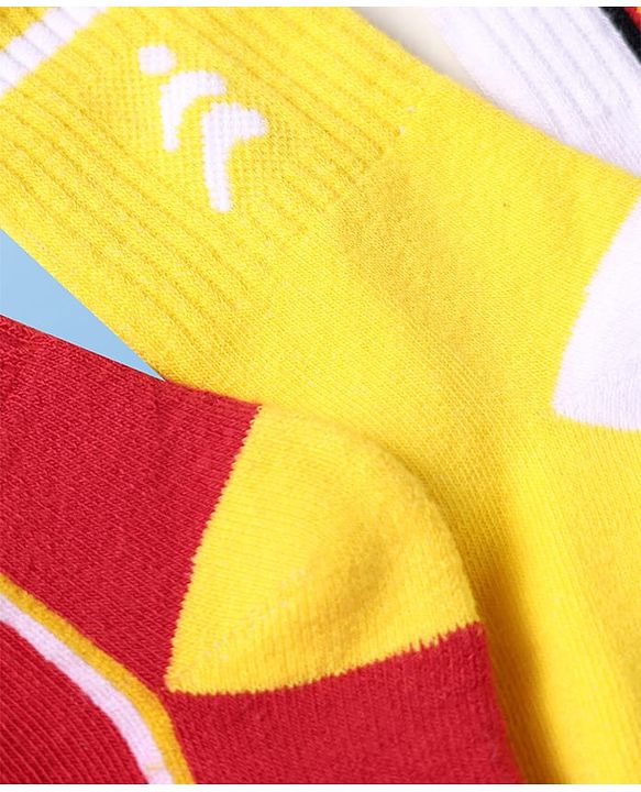 Pine Active Cotton Lycra Knit Breathable Athletic Calf Length Socks With Logo Design Pack of 3 - Red, Yellow & White