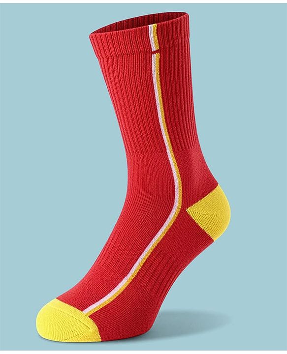 Pine Active Cotton Lycra Knit Breathable Athletic Calf Length Socks With Logo Design Pack of 3 - Red, Yellow & White