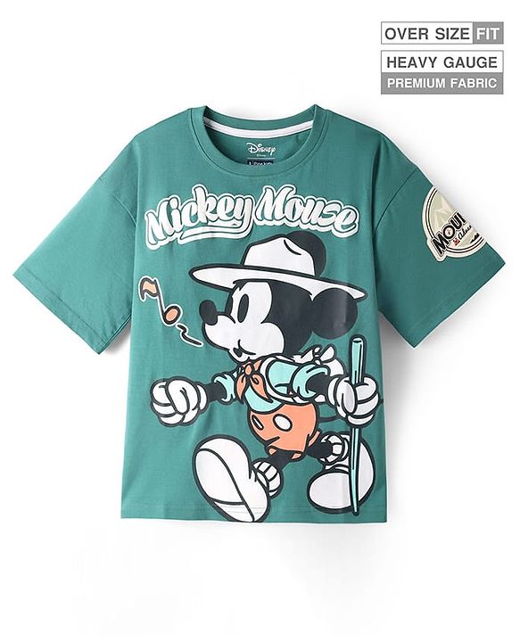 Pine Kids Disney Single Jersey Knit Half Sleeves Oversize Drop Shoulder T-Shirt With Mickey Mouse Graphic And Badge Detailing - Olive Green