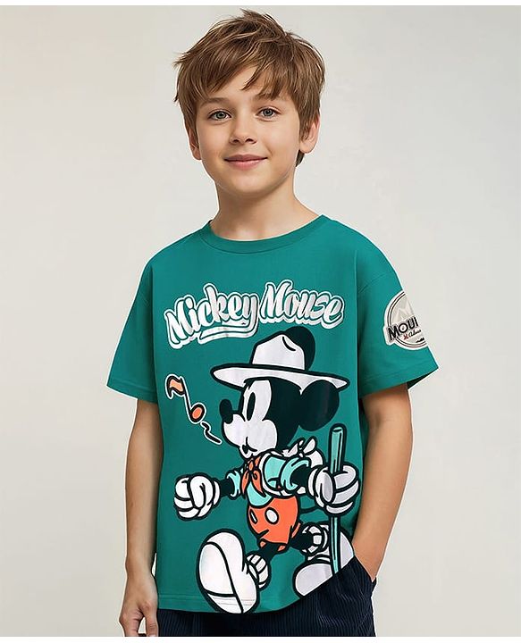 Pine Kids Disney Single Jersey Knit Half Sleeves Oversize Drop Shoulder T-Shirt With Mickey Mouse Graphic And Badge Detailing - Olive Green