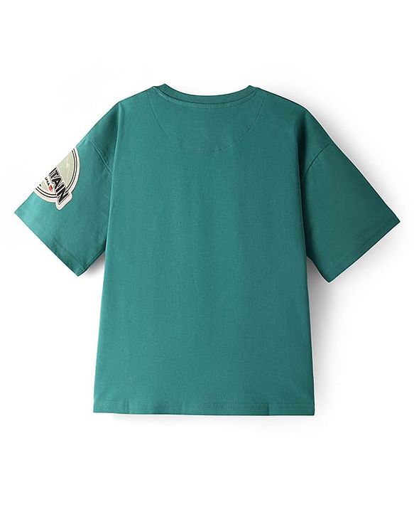 Pine Kids Disney Single Jersey Knit Half Sleeves Oversize Drop Shoulder T-Shirt With Mickey Mouse Graphic And Badge Detailing - Olive Green