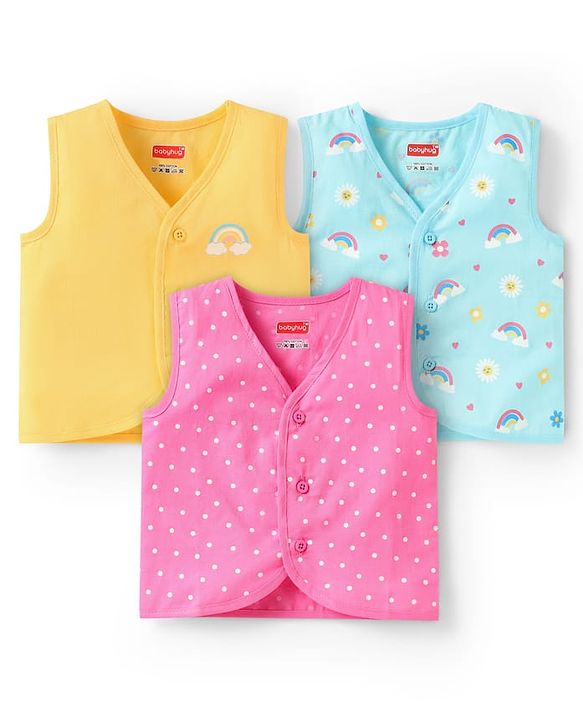 Babyhug 100% Cotton Woven Sleeveless Polka Dot & Heart Printed Jhablas Pack of 3 - Pink Light Blue & Yellow