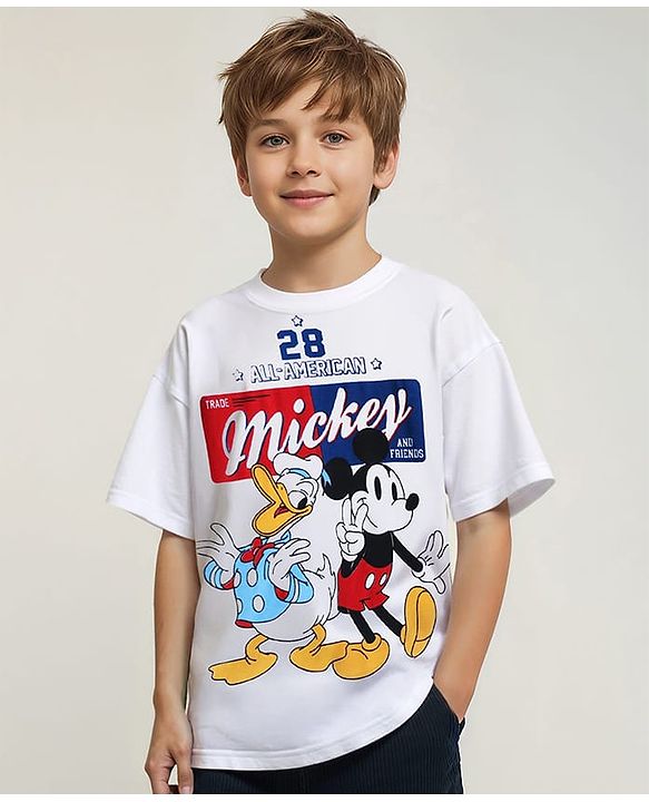 Pine Kids Disney Single Jersey Knit Half Sleeves Oversized Drop Shoulder T-Shirt With Mickey & Friends Graphic - White
