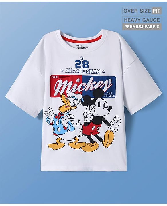 Pine Kids Disney Single Jersey Knit Half Sleeves Oversized Drop Shoulder T-Shirt With Mickey & Friends Graphic - White