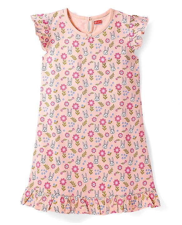 Babyhug Cotton Knit Frill Sleeves Nighty with Bunny & Floral Print - Peach