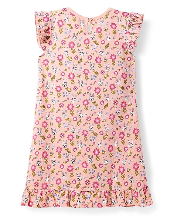 Babyhug Cotton Knit Frill Sleeves Nighty with Bunny & Floral Print - Peach
