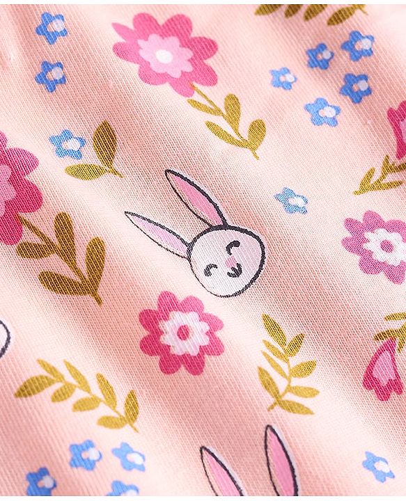 Babyhug Cotton Knit Frill Sleeves Nighty with Bunny & Floral Print - Peach