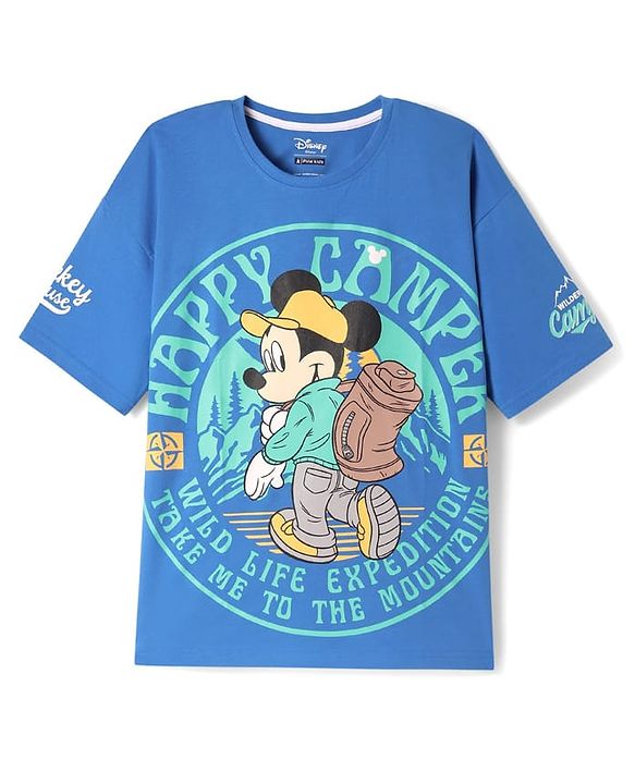 Pine Kids Disney Single Jersey Knit Half Drop Shoulder Sleeves T-Shirt with Mickey Mouse Graphics - Blue
