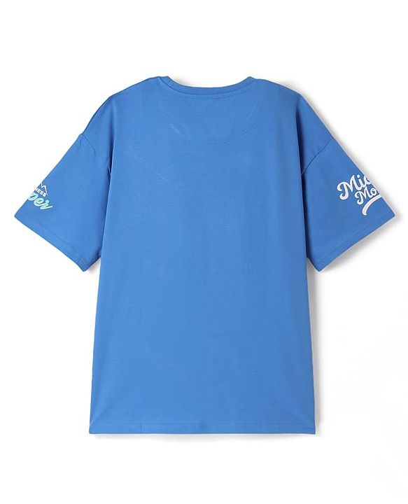 Pine Kids Disney Single Jersey Knit Half Drop Shoulder Sleeves T-Shirt with Mickey Mouse Graphics - Blue