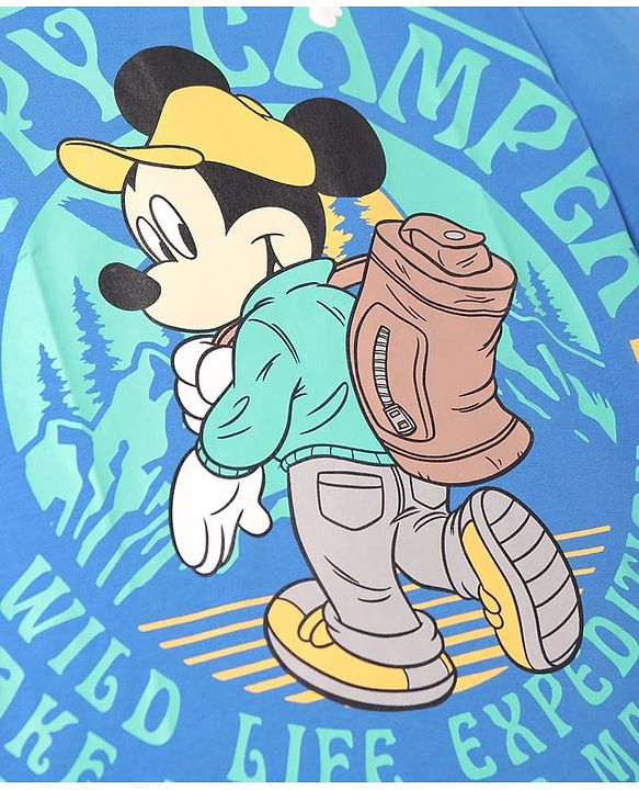 Pine Kids Disney Single Jersey Knit Half Drop Shoulder Sleeves T-Shirt with Mickey Mouse Graphics - Blue