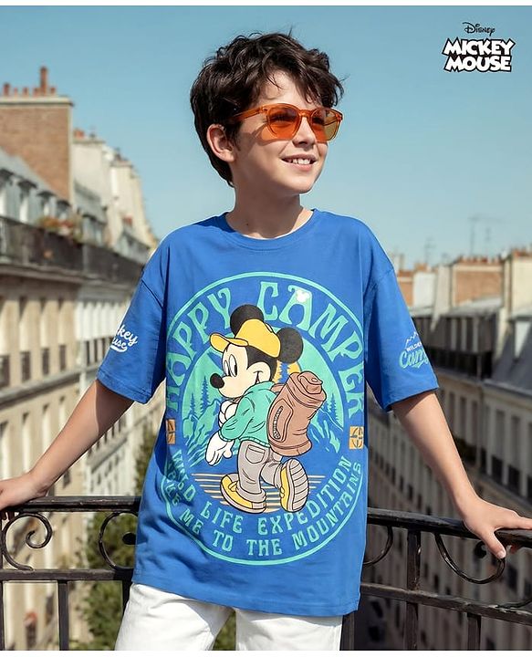 Pine Kids Disney Single Jersey Knit Half Drop Shoulder Sleeves T-Shirt with Mickey Mouse Graphics - Blue